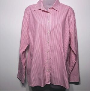 Land's End Red White Stripe Button Shirt No Iron Pinpoint Oxford Women's 8 EUC